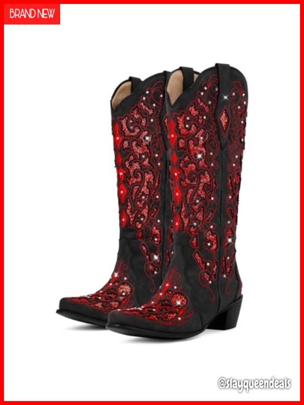 Rhinestone Cowboy Cowgirl Boots Mid-Calf Chunky Heel Handmade - Picture 3 of 6